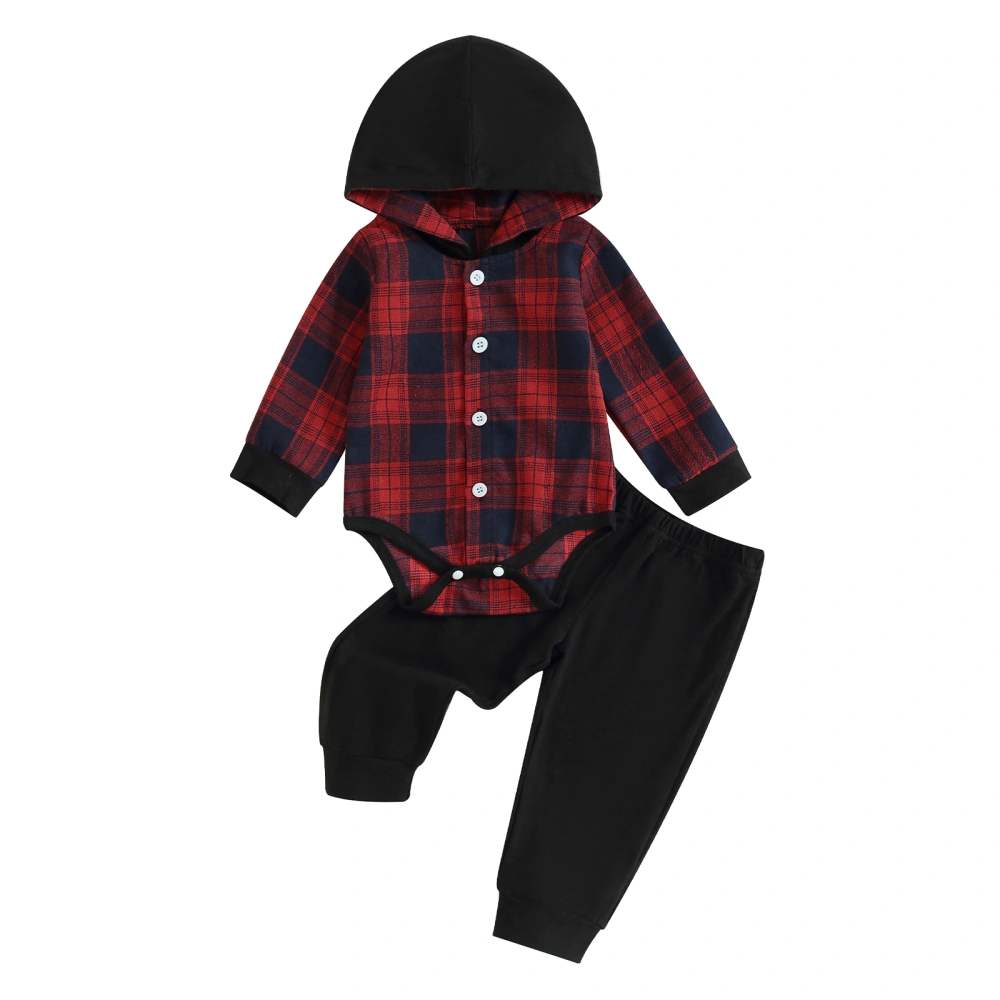 Baby Boy 2 Piece Outfit Plaid Long Sleeve Hooded Rompers and Pants 