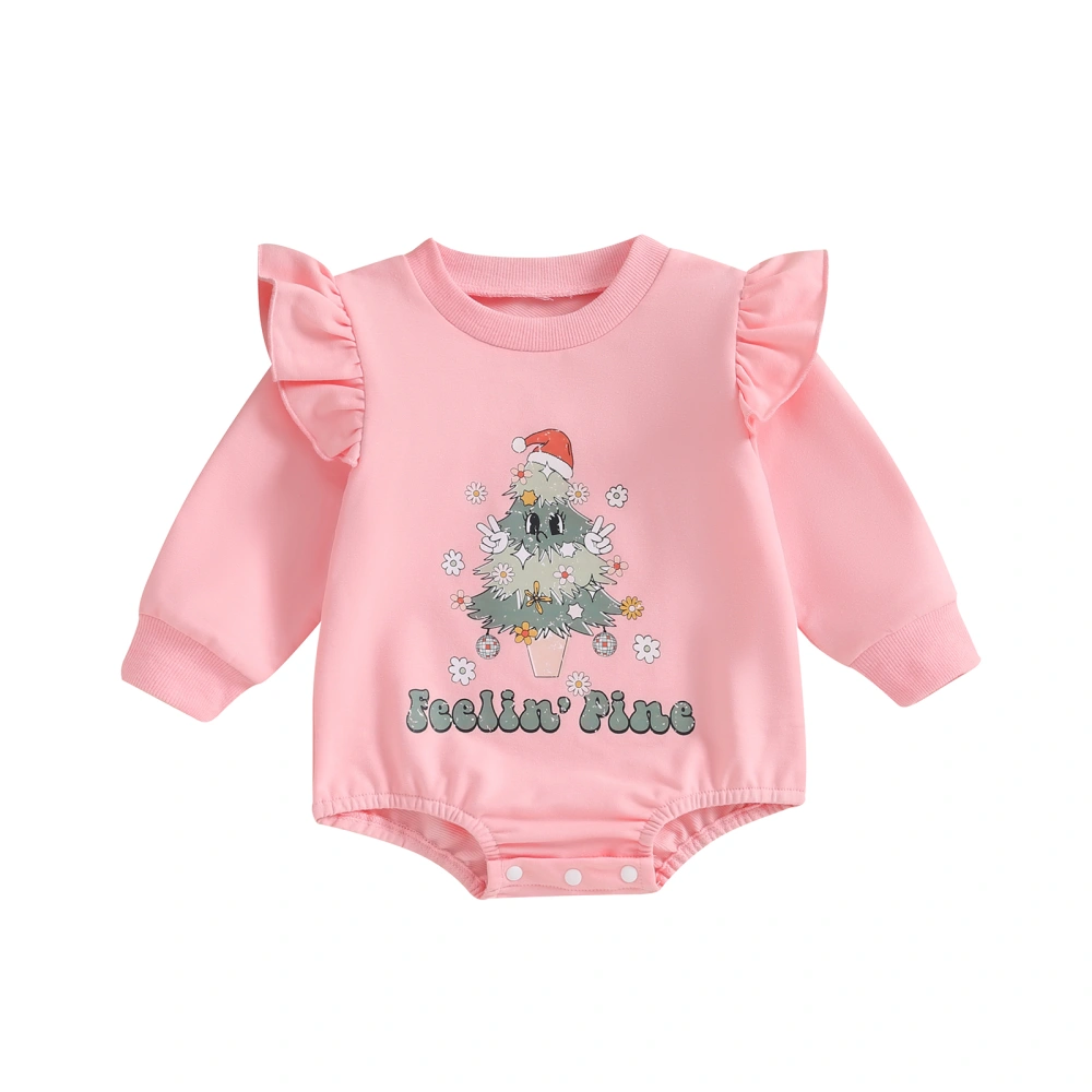 Baby Long Sleeve Christmas Tree Santa Hat Letter Print Ruffle Romper