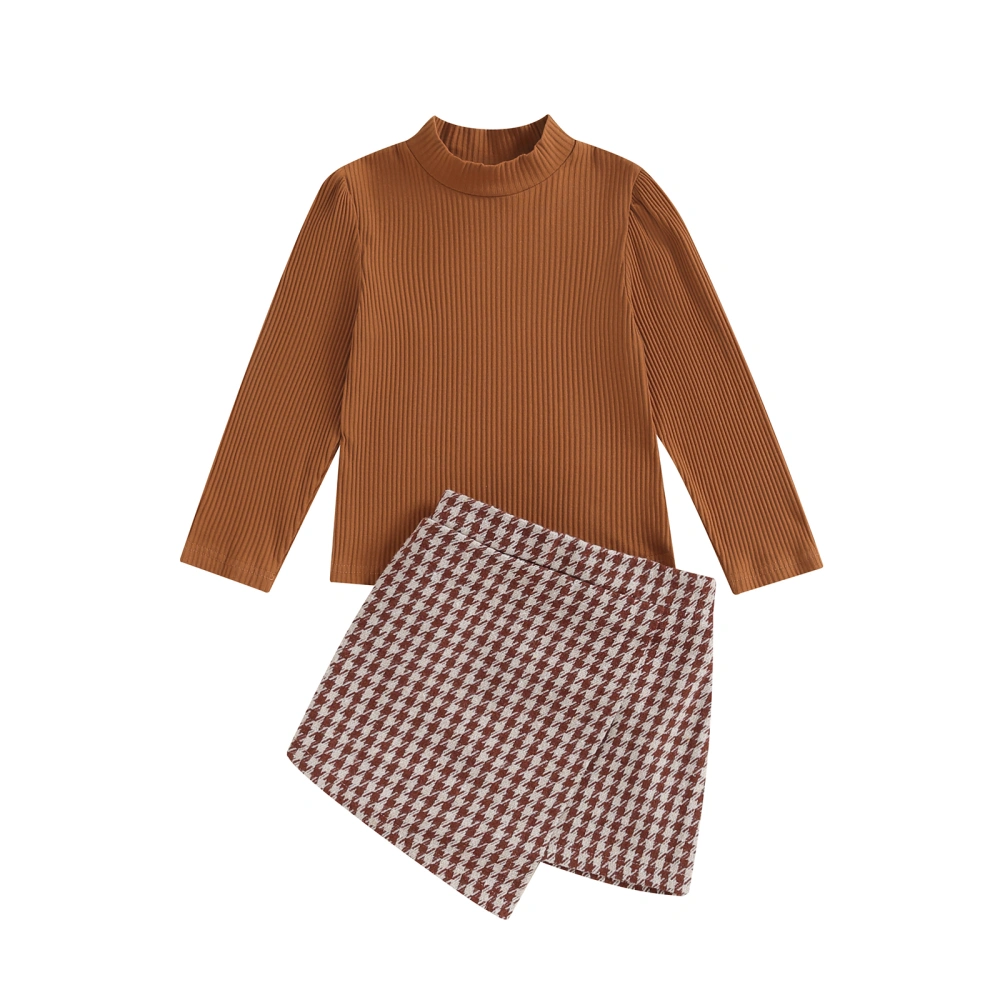 Girl Fall Ribbed Long Sleeve Mock Neck Tops + Houndstooth Skirt 