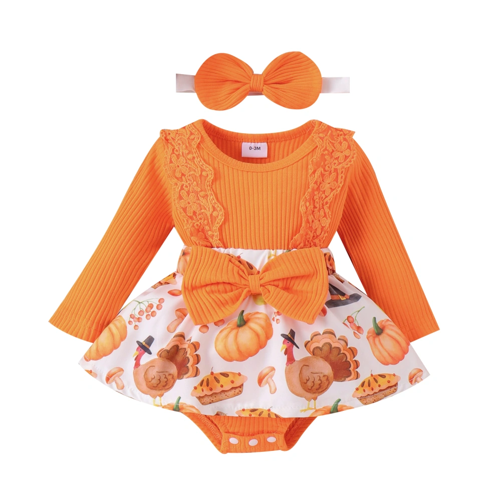 Baby Girl 2Pcs Thanksgiving Outfits Turkey Print Romper with Headband