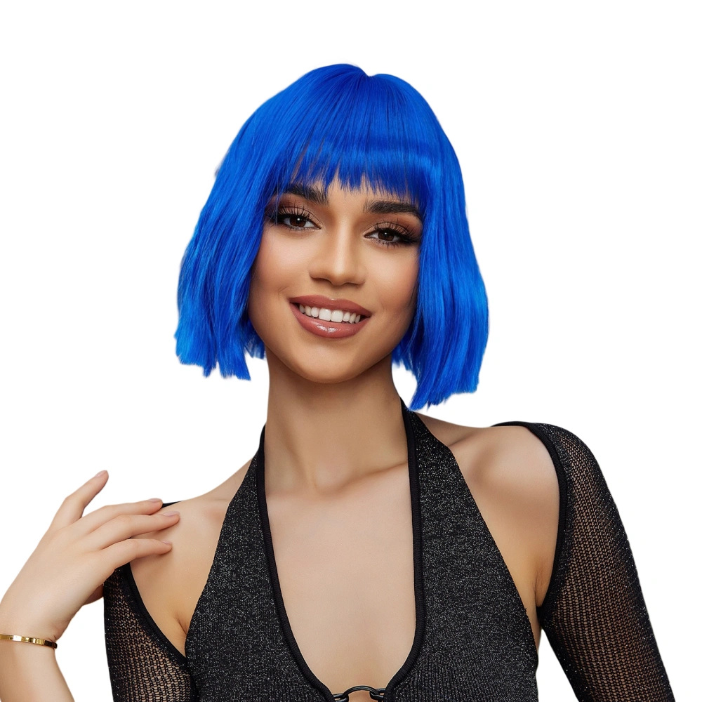 Women's Short Bob Wigs Natural Blue Wigs with Bangs Synthetic Wigs