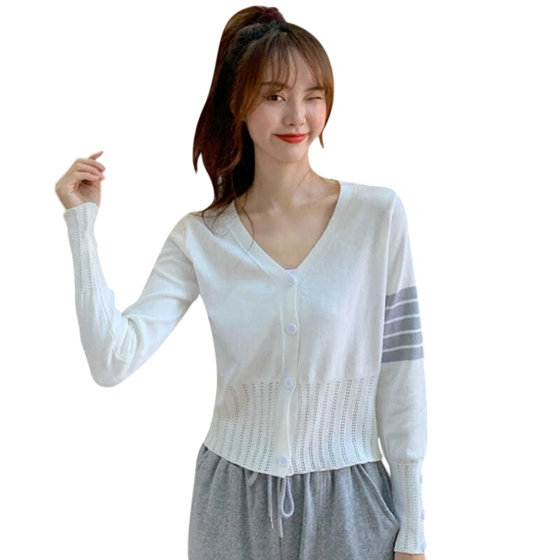 Women's Cropped Cardigan Striped Long Sleeve V Neck Button Knit Tops