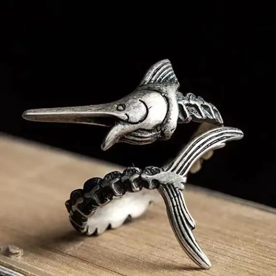 Retro Silver Wide Flying Fish Ring