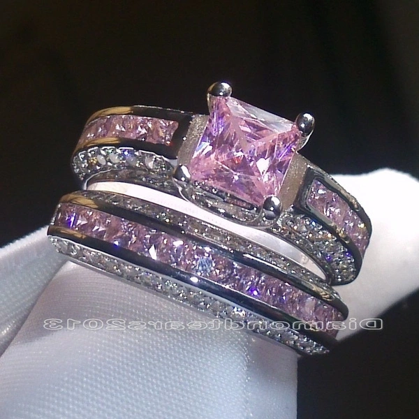 2Pcs/Set 925 Silver Plated Pink Purple White Sapphire CZ Wedding Set Rings Size 5-12 (Choice Color and Size )