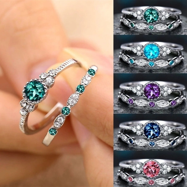 Classic 925 Sterling Silver Round Cut Gemstone Sapphire Birthstone Bride Wedding Stacking Ring Women Fashion Jewelry US5-10