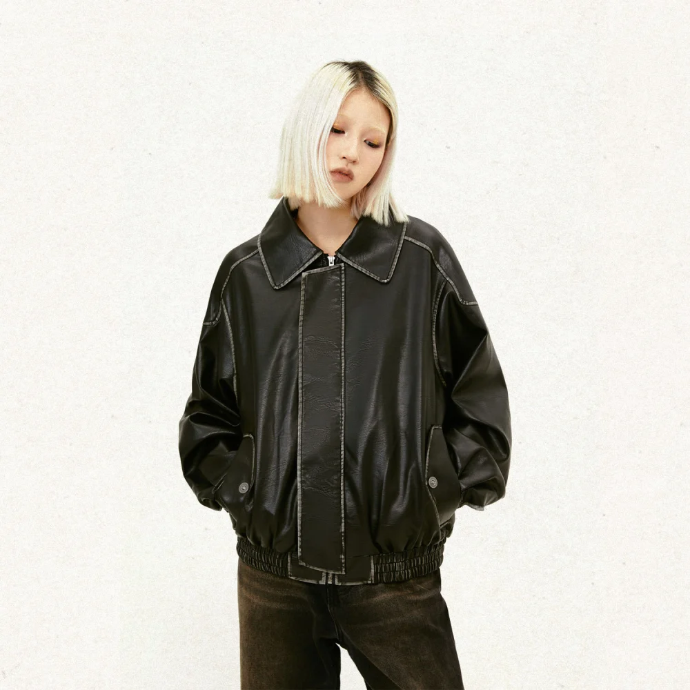 American Retro Maillard Distressed Leather Coat
