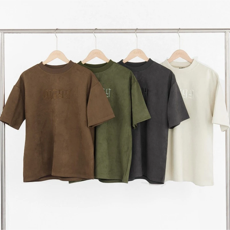 Retro Alphabet Embroidered Suede Round Neck Short Sleeve T-shirt