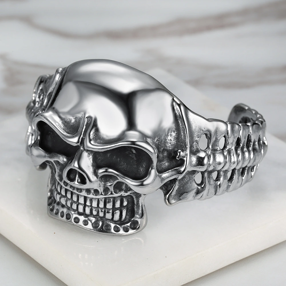 Retro Punk Stainless Steel Personality Domineering Skull Wide Faced Bracelet