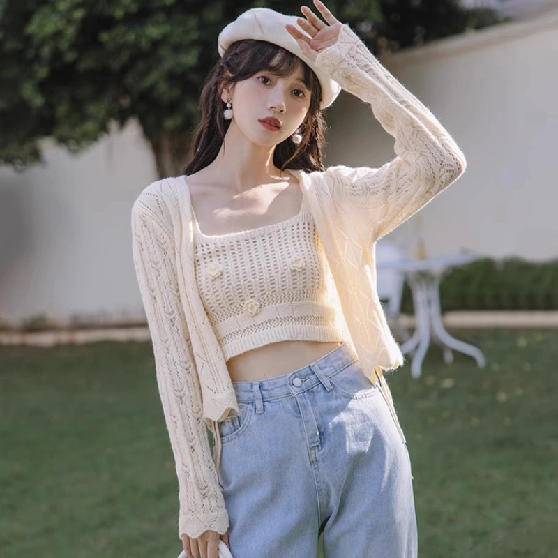 1 Set 2pcs Yellow Cardigan With Camisole - One Size Dimensions