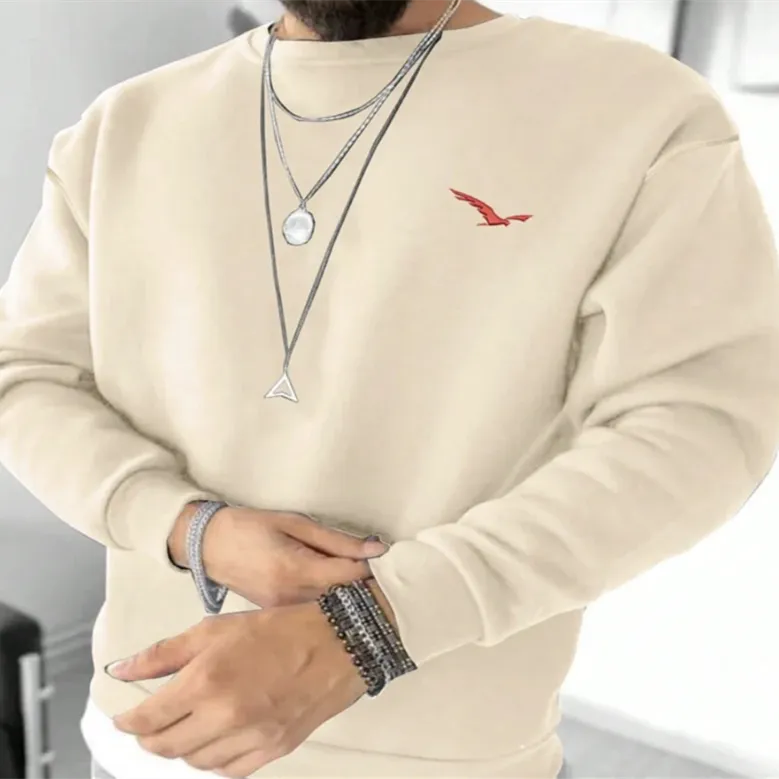 Men's Autumn Leisure Coat Cotton Terry Long-sleeved Sweater Street Solid Color Round Neck Sweater