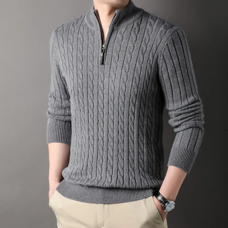 New Men's Solid Color Half Zipper Thick Sweater