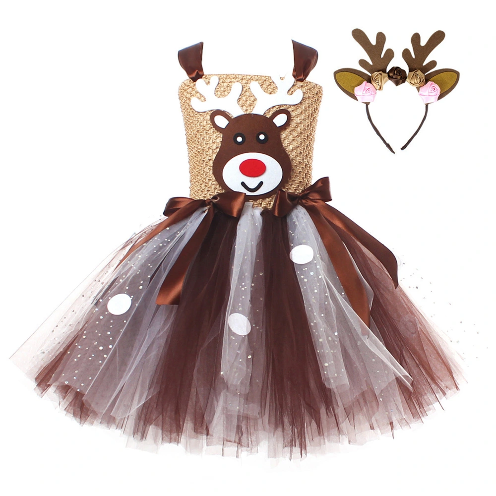 Kids Girl Christmas Reindeer Costume Mesh Tulle Dress and Headband