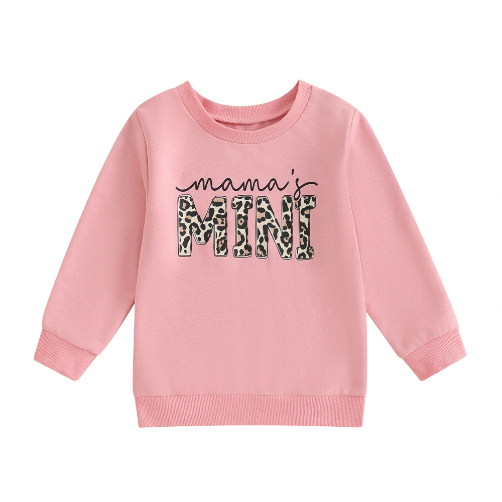 Girls Long Sleeve Crewneck Leopard Letter Print Loose Pullover Tops