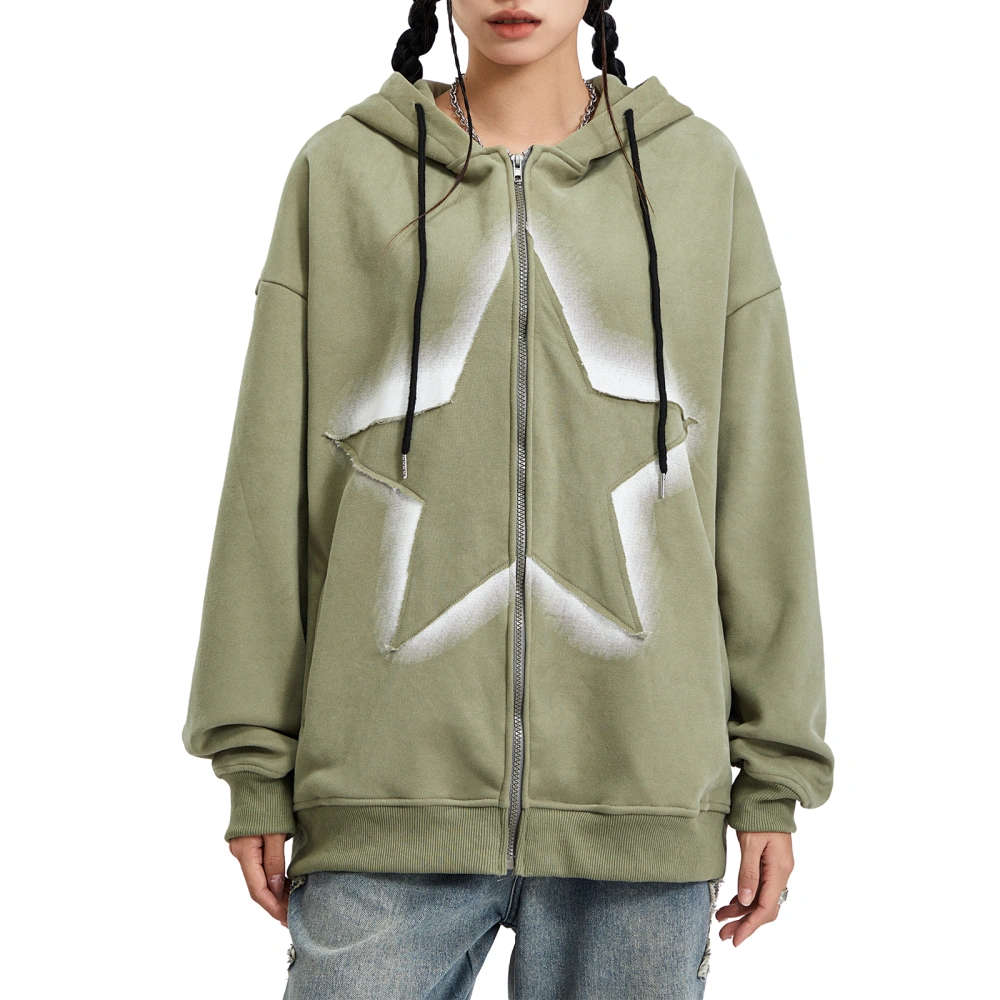 Women's Autumn Long Sleeve Star Patch Zip Up Hoodie with Pockets