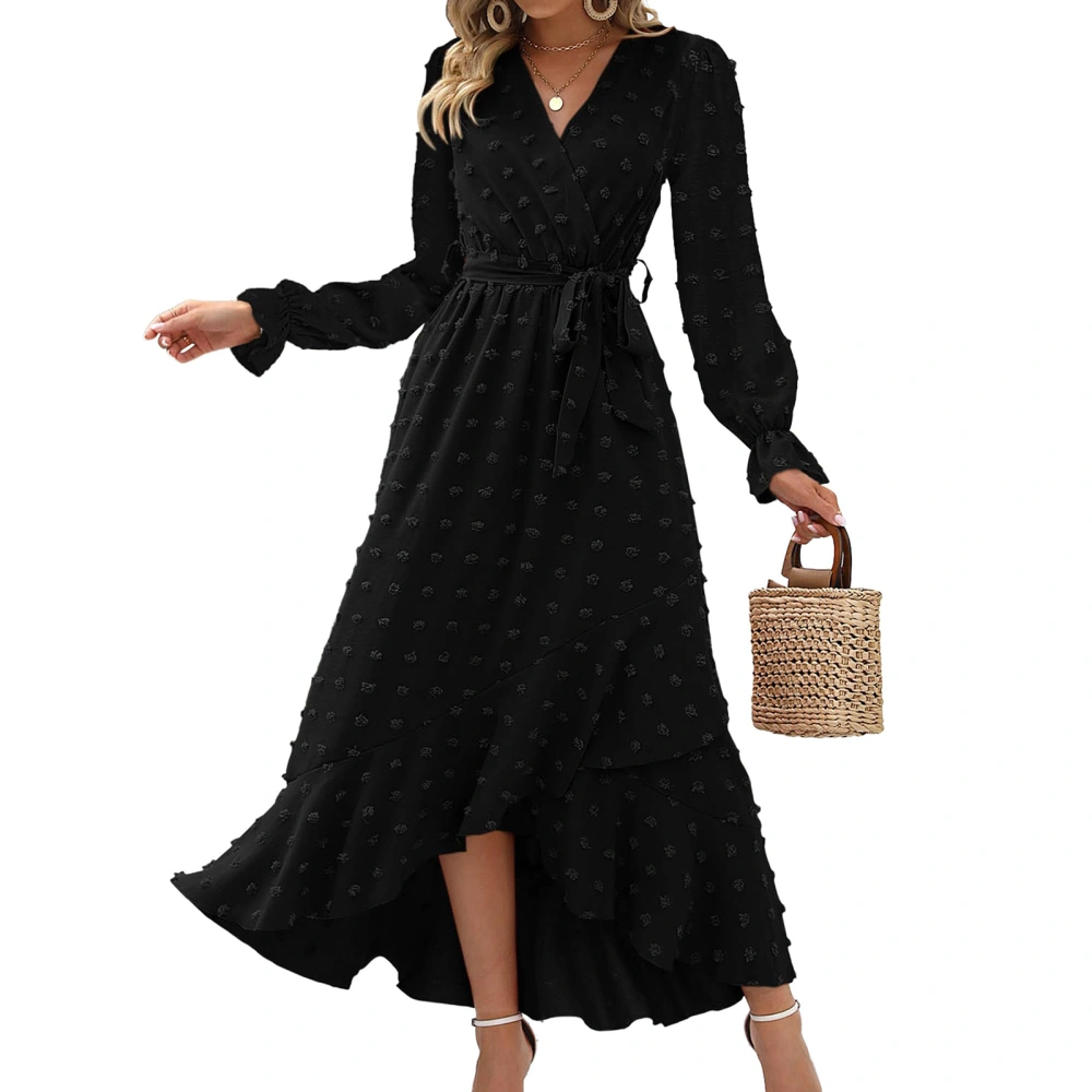 Women Fall Casual Long Dress Swiss Dot Long Sleeve Dress with Belt