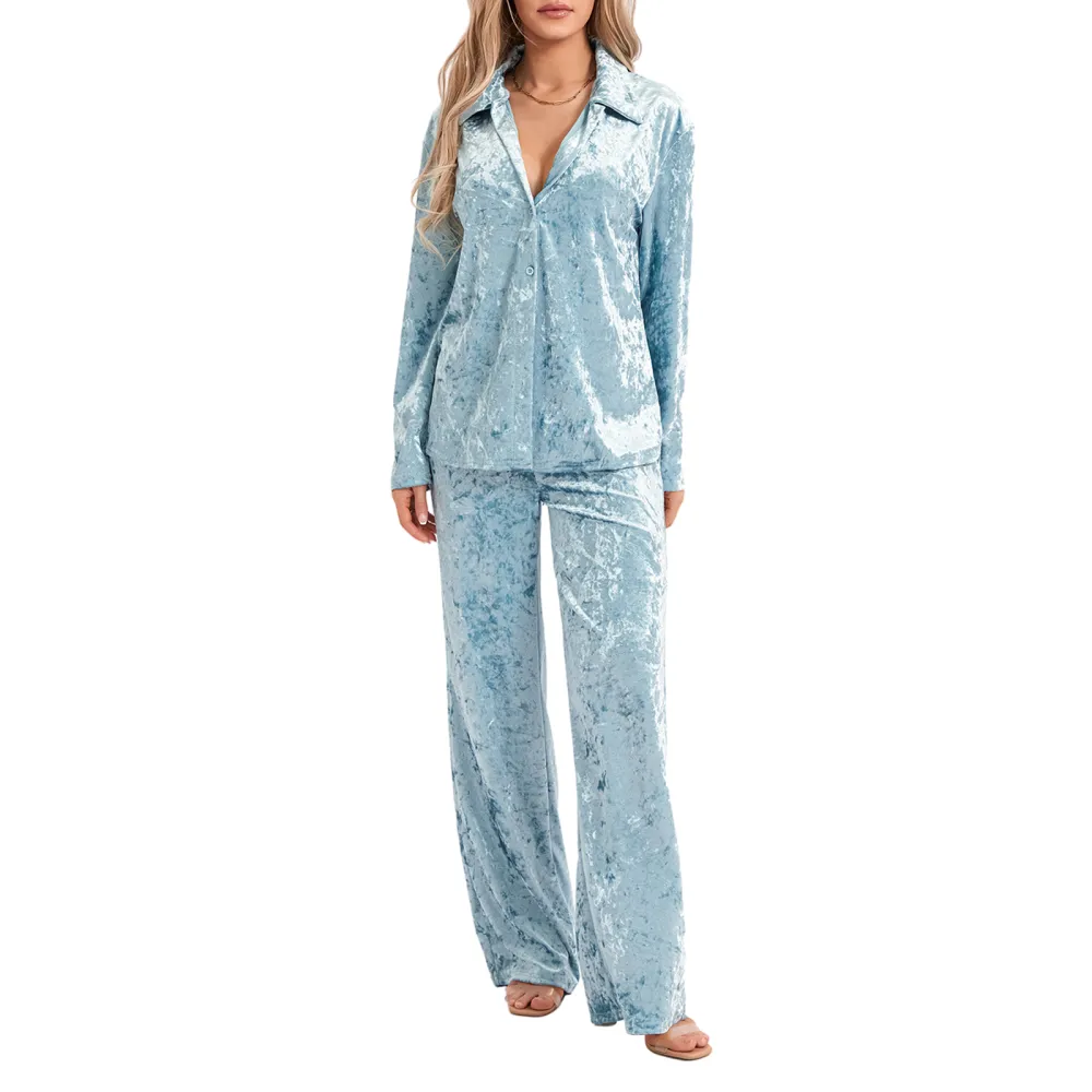 Women's Long Sleeve Button Tops Solid Color Pants Sleepwear Sets