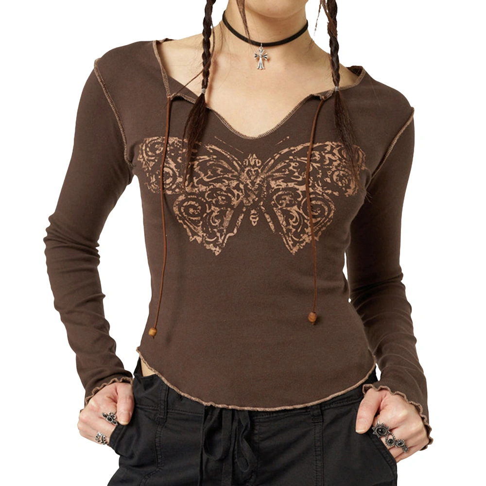 Women's Graphic Tops Long Sleeve V Neck Butterfly Print T-Shirts