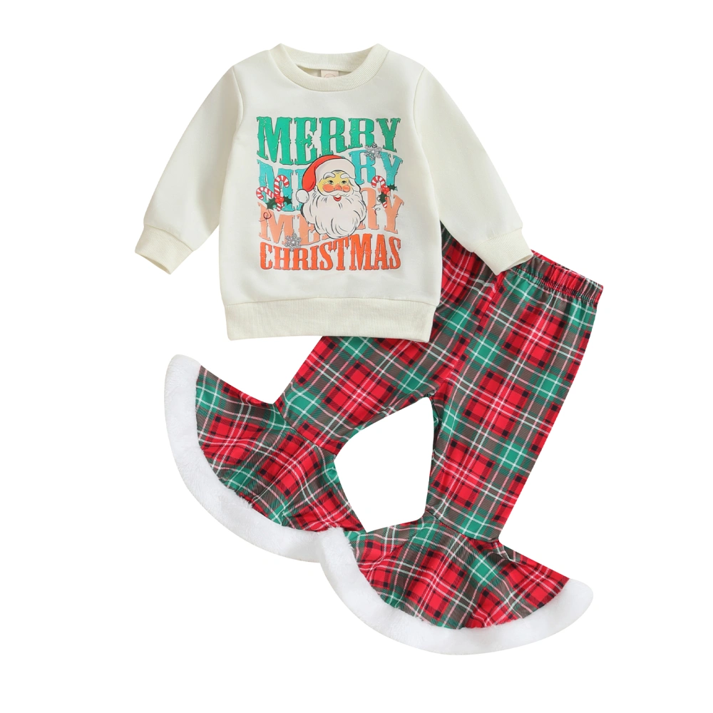 Girls Christmas Pants Set Santa Claus Sweatshirt Plaid Flare Pants