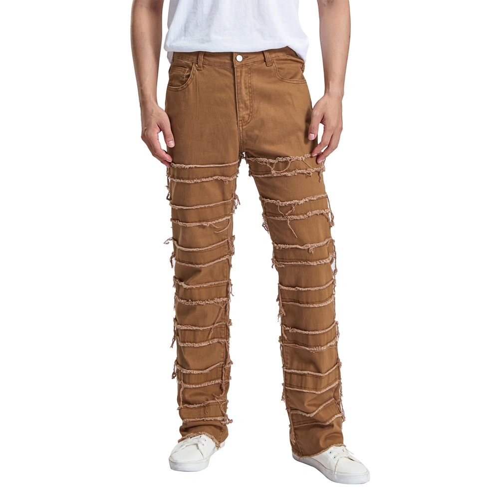 Men's Distressed Denim Pants Mid Rise Straight Leg Jeans Hip Hop Pants