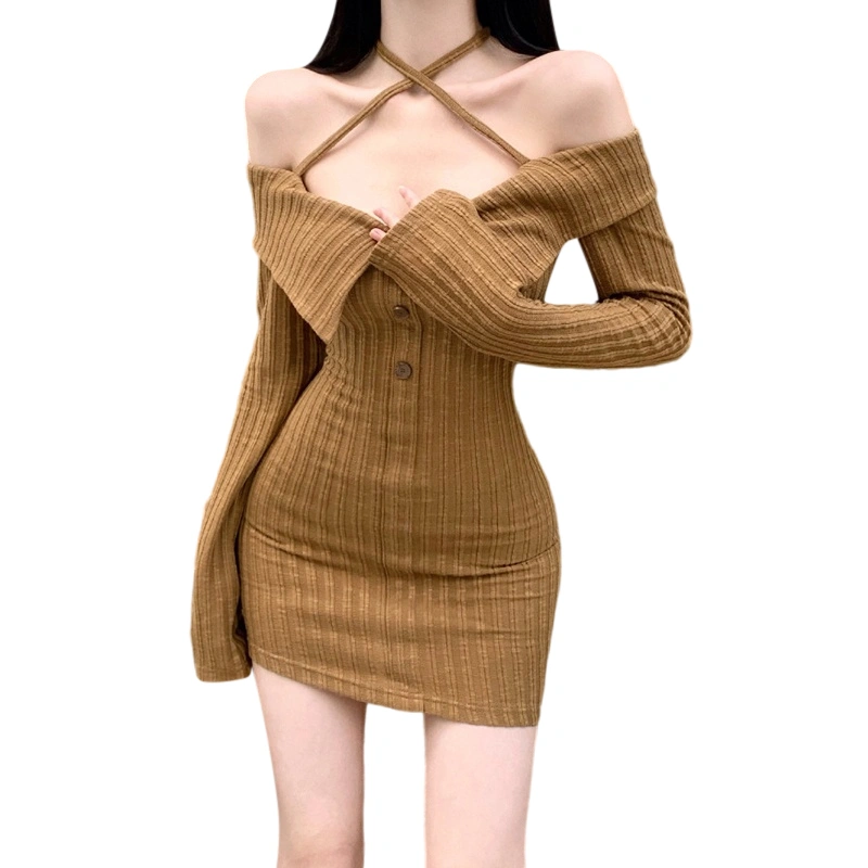 Women Knit Dress, Long Sleeve Halterneck Backless Mini Bodycon Dress