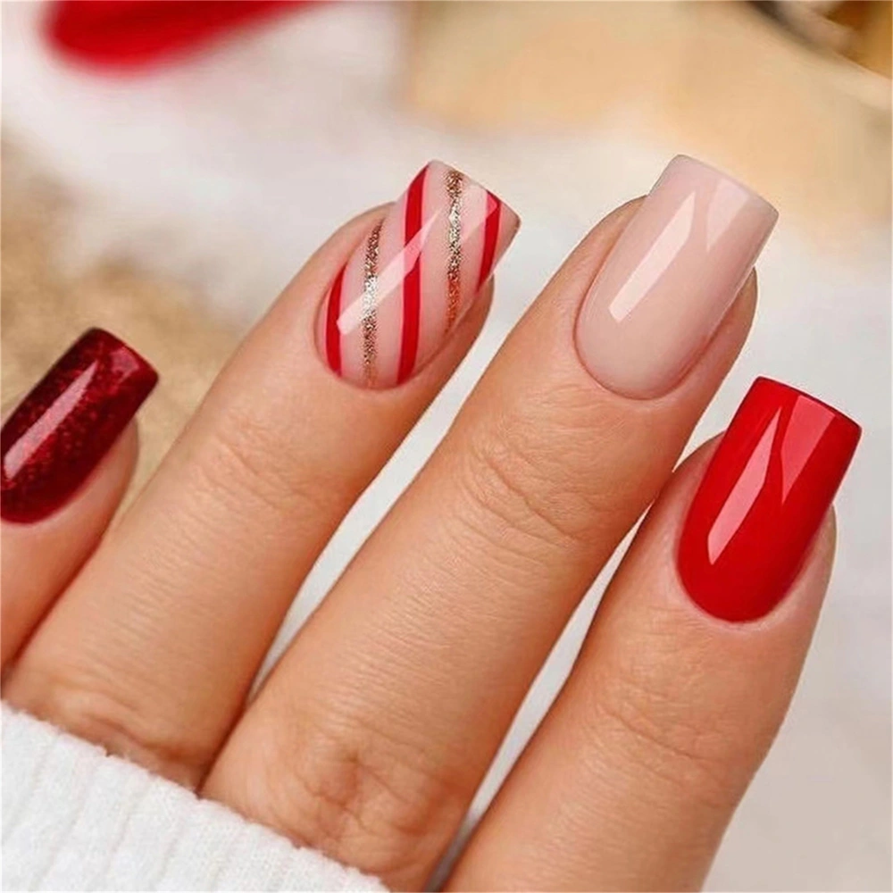 Christmas Artificial Nails Set Striped Natural False Nail Tips