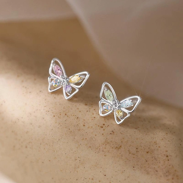 Lovely Colorful CZ Butterfly 925 Sterling Silver Stud Earrings for Women Girl