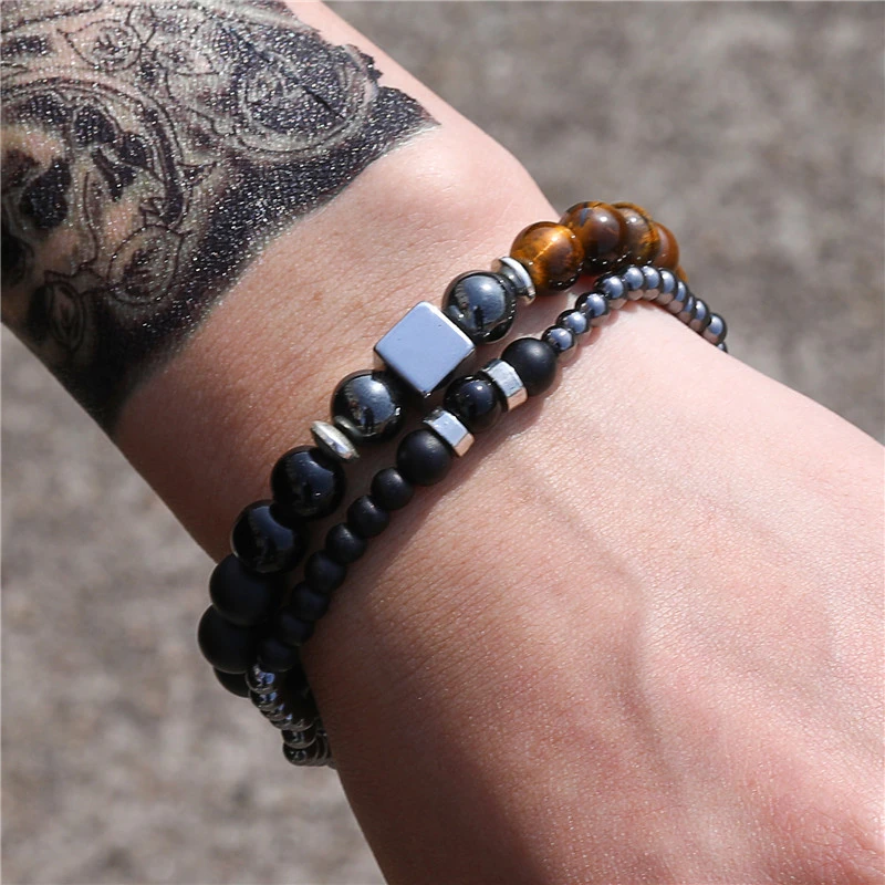 Black Frosted Tigereye Cube Elastic Bracelet Set