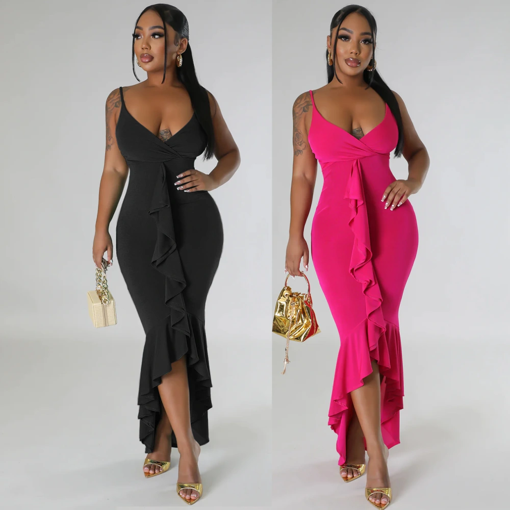 Women's V-neck Strap Tassel Irregular Dress