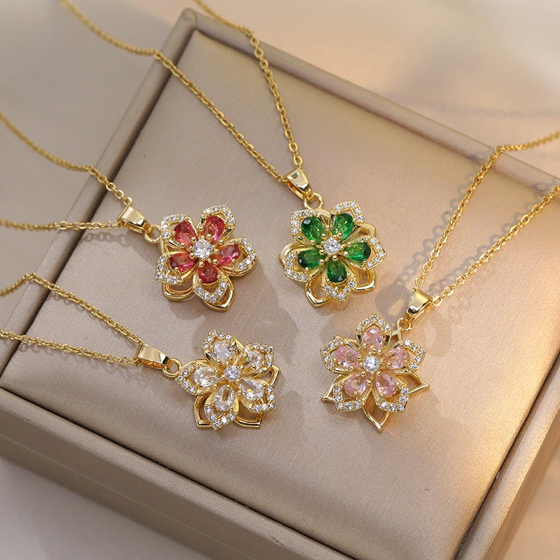 Women's Rotating Bauhinia Zircon Flower Necklace