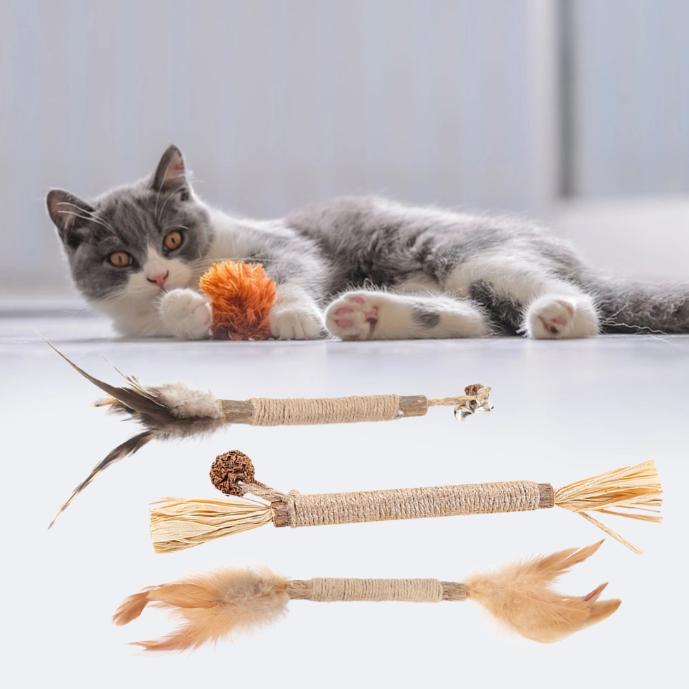 Cat Chew Stick with Feather Polygonum Wood Sisal Rope Bite-Resistant Dental Care Teeth Cleaning Interactive Pet Molar Toy Kitten Teaser Toy Pet Supplies