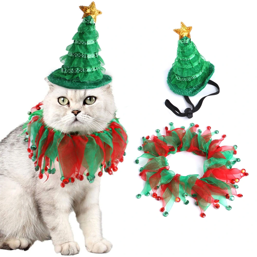 Christmas Pet Hat Collar Set Christmas Tree Shape Adjustable Comfortable to Wear Lovely Carnivals Winter Hat Pet Accessory