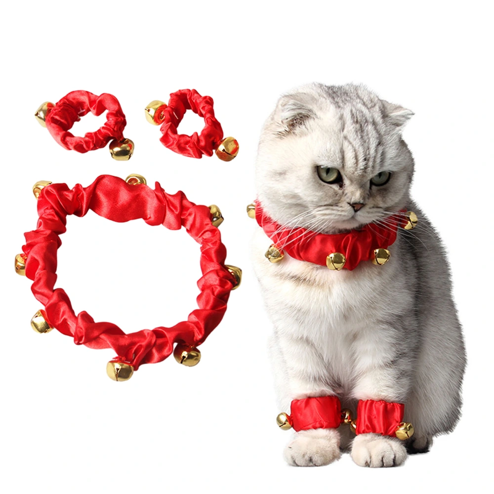 1 Set Pet Collar New Year Red Festive Bell Decor Elastic Adjustable Band Fasten Tape Feet Collar Neck Foot Decoration Lightweight Fabric Dog Cat Accessories 