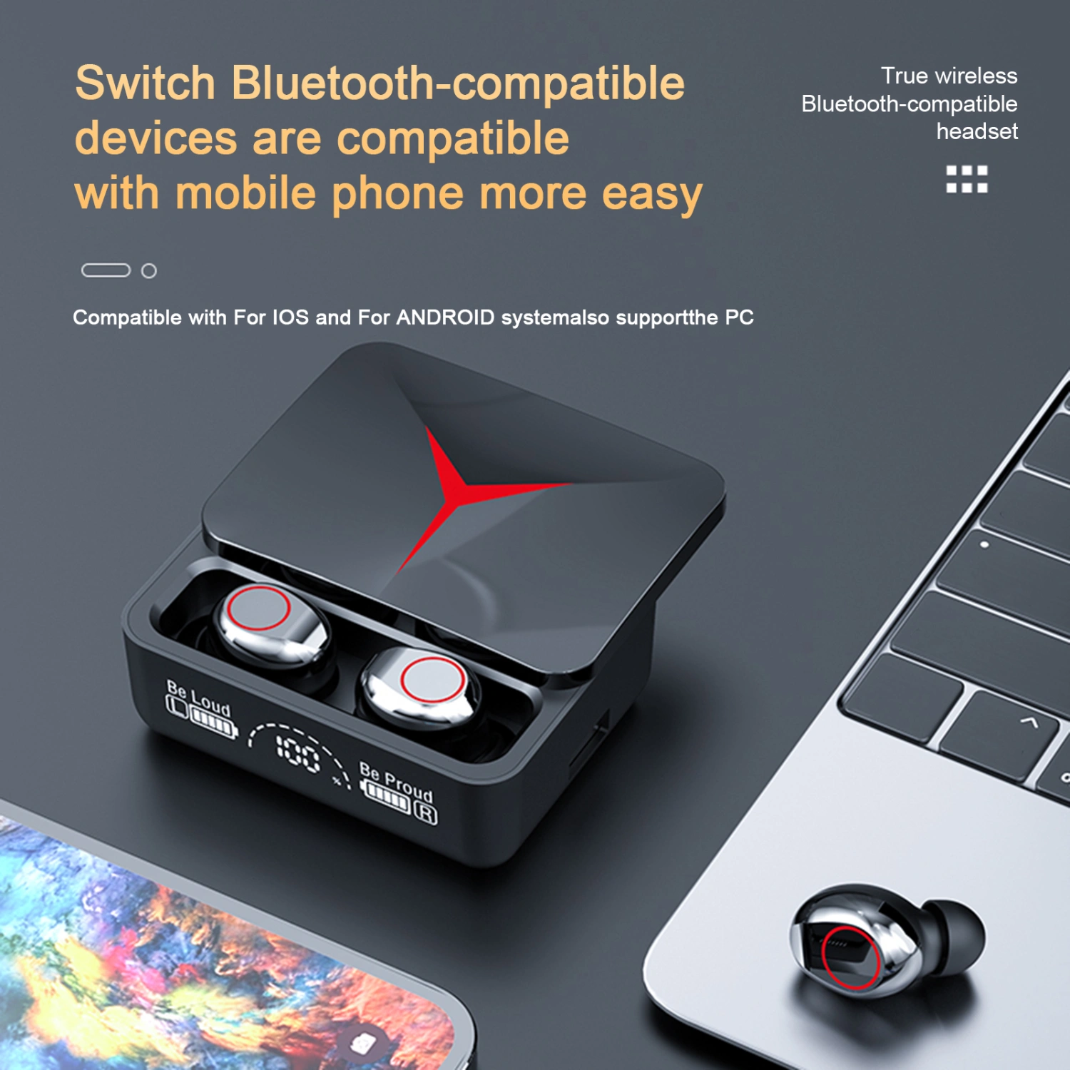 1 Pair Wireless Earphone with Charging Case LED Display Screen Auto Pairing Stereo Sound Stable Connection Gaming Headphone Wireless Low Latency Bluetooth-compatible Earbud
