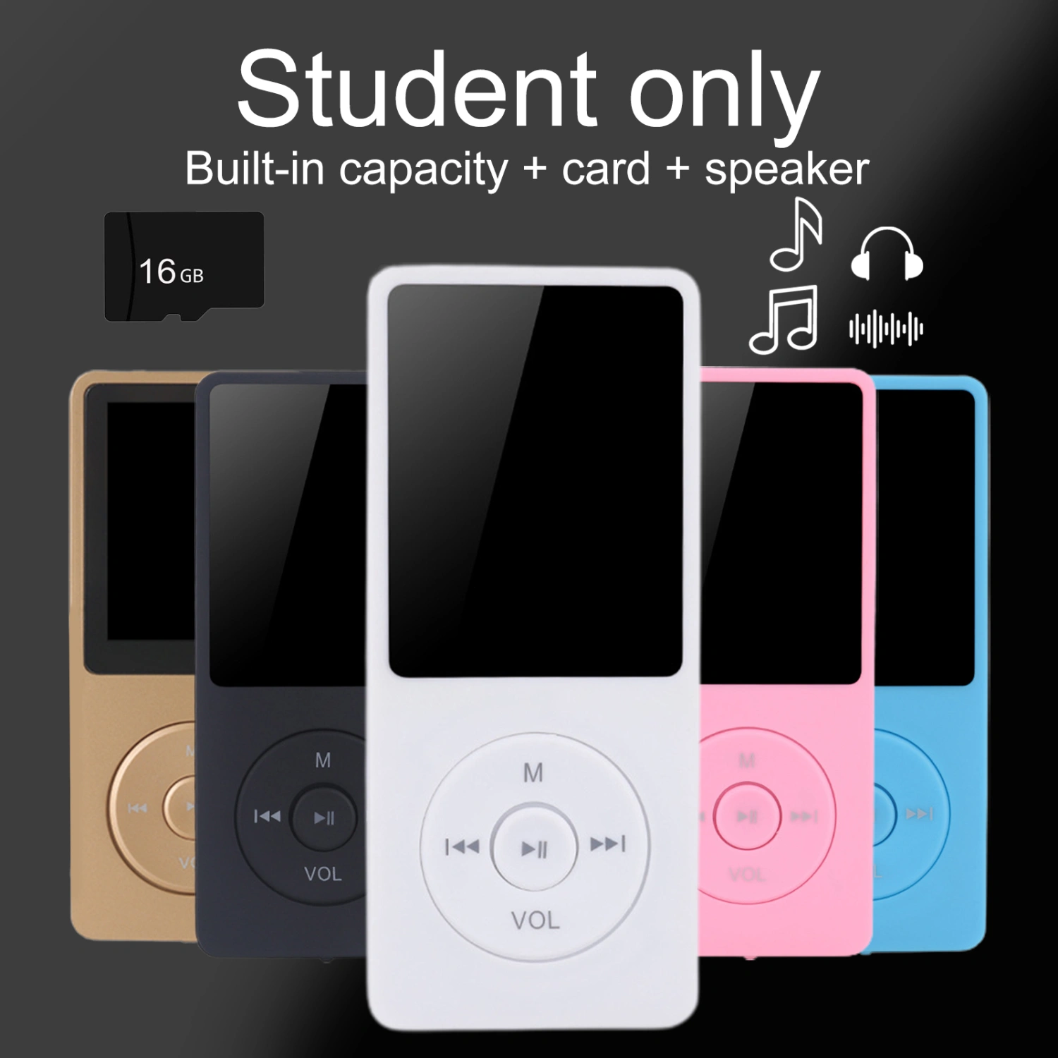 MP4 Player with 16GB SD Card Lossless Music Built-in Speaker Voice Recorder High-Quality Sound Player