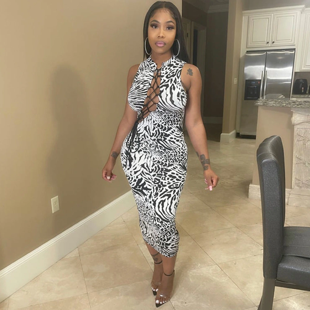 Women's Dress Printed Lace-up Cutout