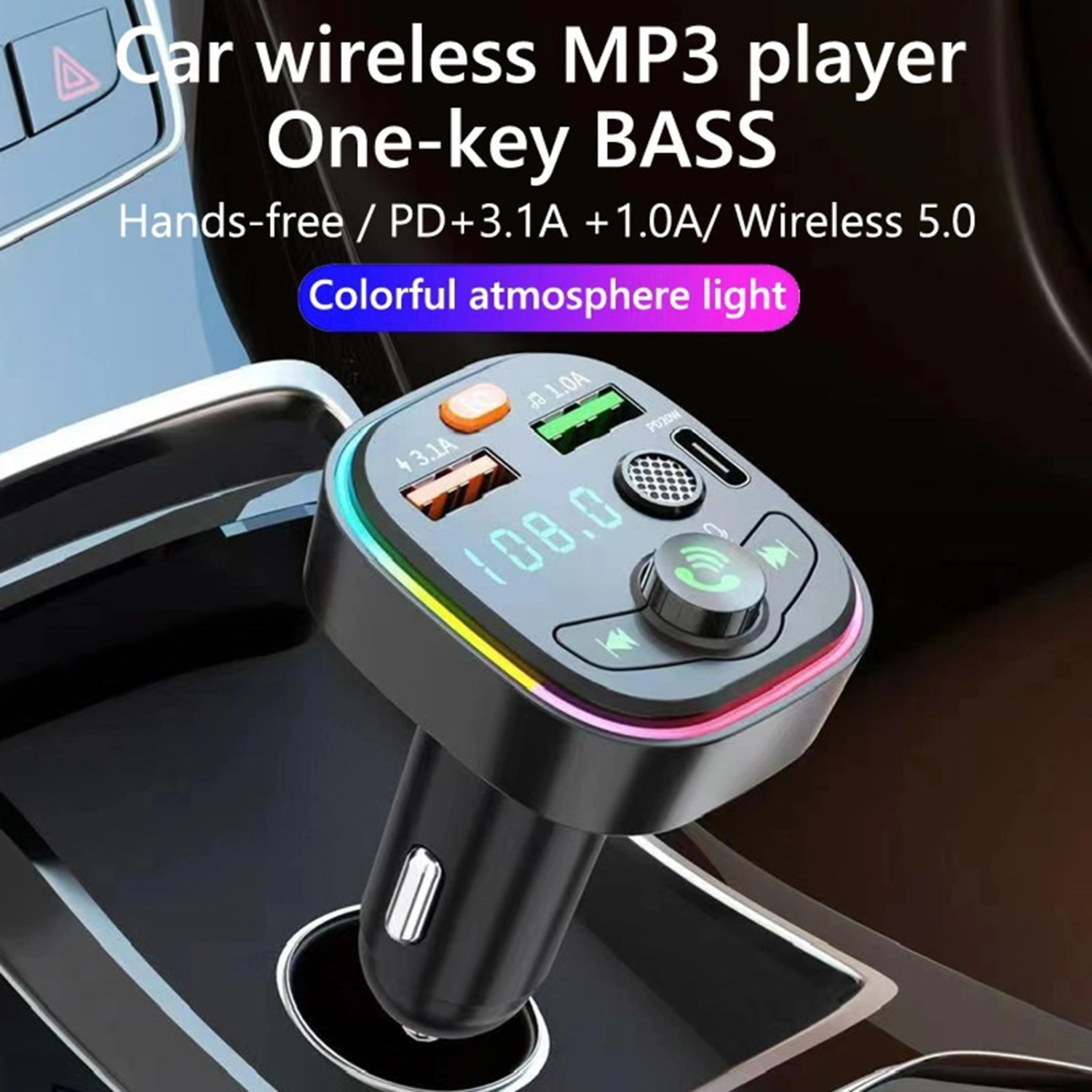 Car Charger Dual USB PD Fast Charging Support RGB U-disk Playback LCD Display Car Player Wireless Car Bluetooth-compatible Handsfree FM Transmitting MP3 Player