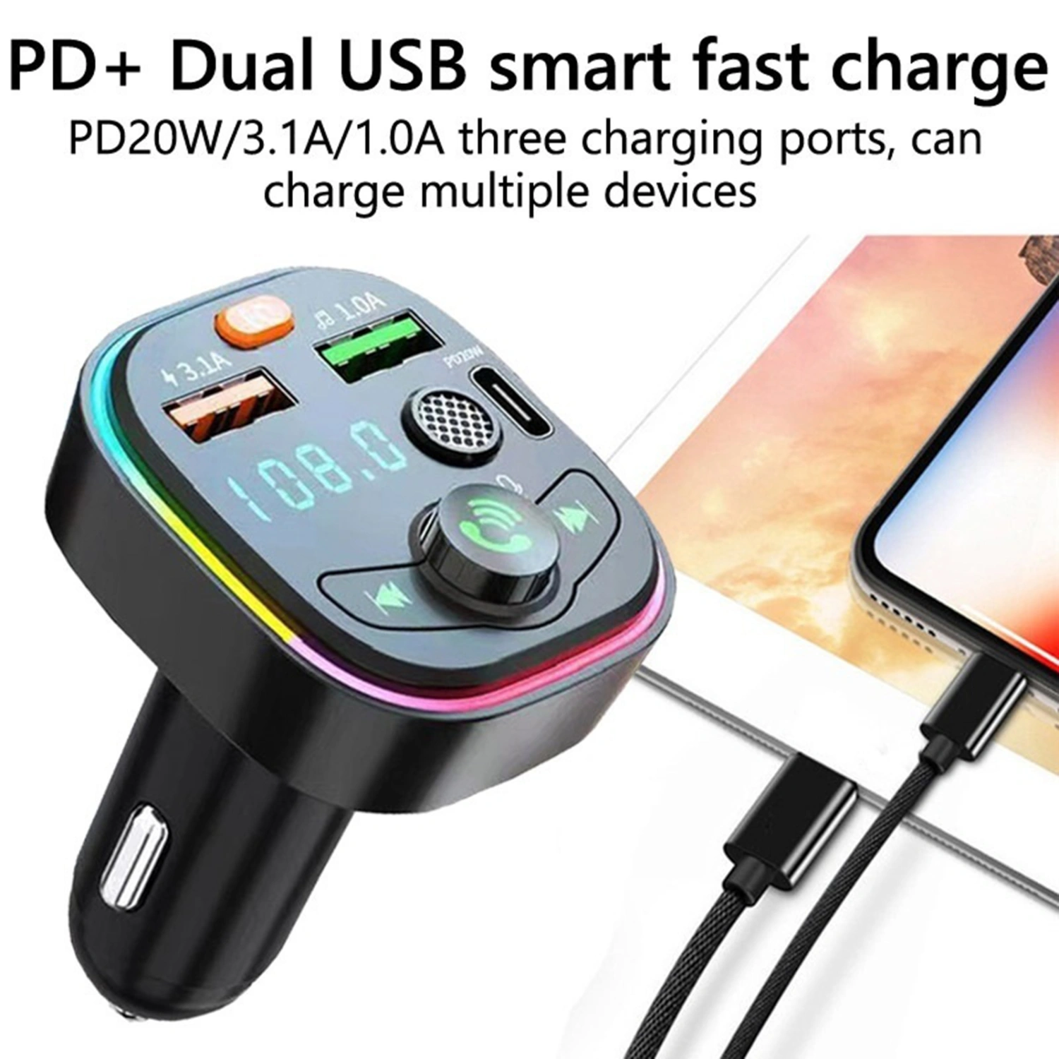 Car Charger Dual USB PD Fast Charging Support RGB U-disk Playback LCD Display Car Player Wireless Car Bluetooth-compatible Handsfree FM Transmitting MP3 Player