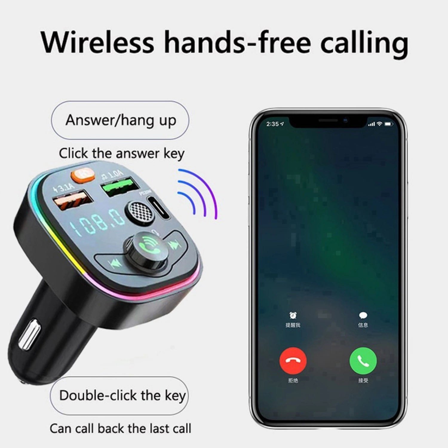 Car Charger Dual USB PD Fast Charging Support RGB U-disk Playback LCD Display Car Player Wireless Car Bluetooth-compatible Handsfree FM Transmitting MP3 Player