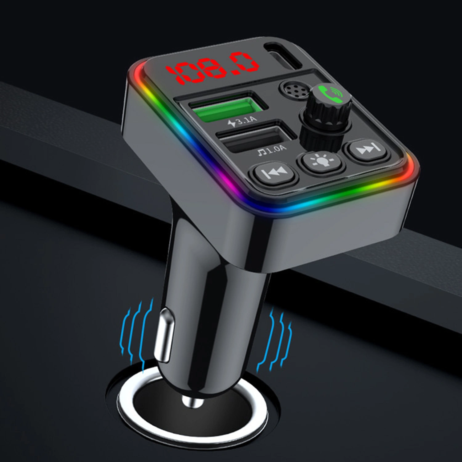 F19 Car Charger Adapter Plug And Play Dual USB Ports Bluetooth-compatible 5.0 with Colourful Ambient Light Memory Connection Digital Display Bluetooth-compatible Player Car Accessories