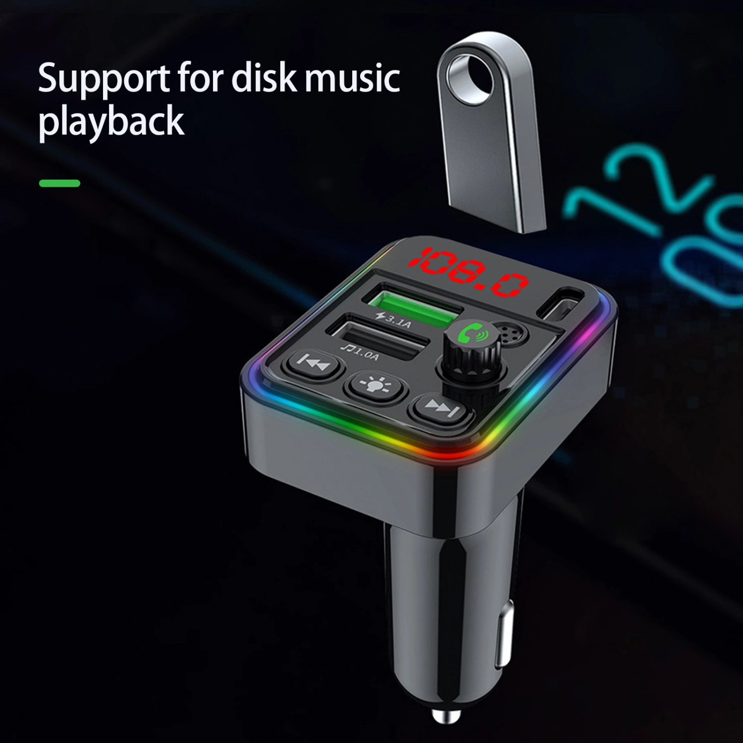 F19 Car Charger Adapter Plug And Play Dual USB Ports Bluetooth-compatible 5.0 with Colourful Ambient Light Memory Connection Digital Display Bluetooth-compatible Player Car Accessories