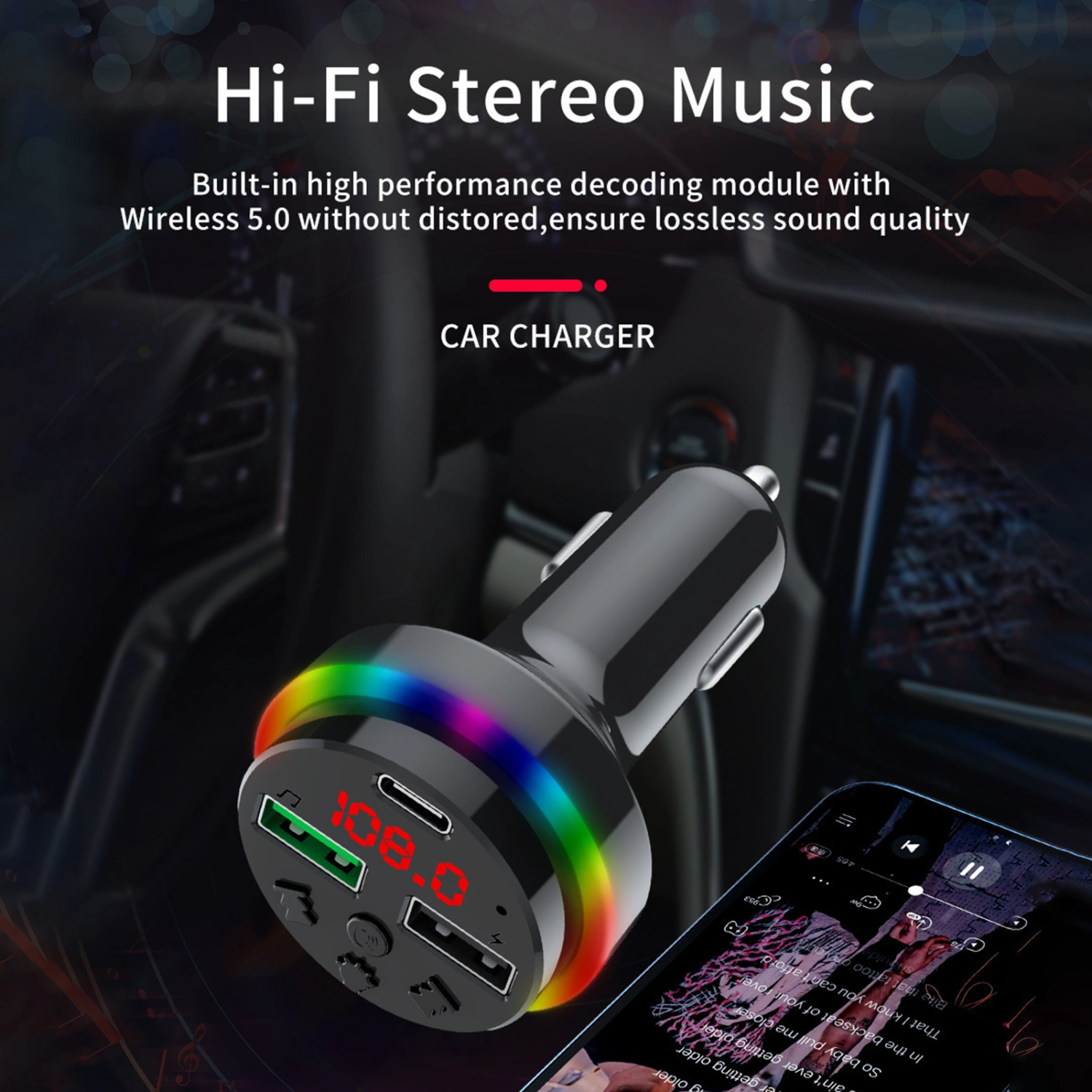 CAR F15 Car MP3 Player Dual USB Ports Bluetooth-compatible 5.0 U Disk Playback with Colourful Ambient Light Music Player Support Car Battery Voltage Detection Car FM Player Automobile Supply