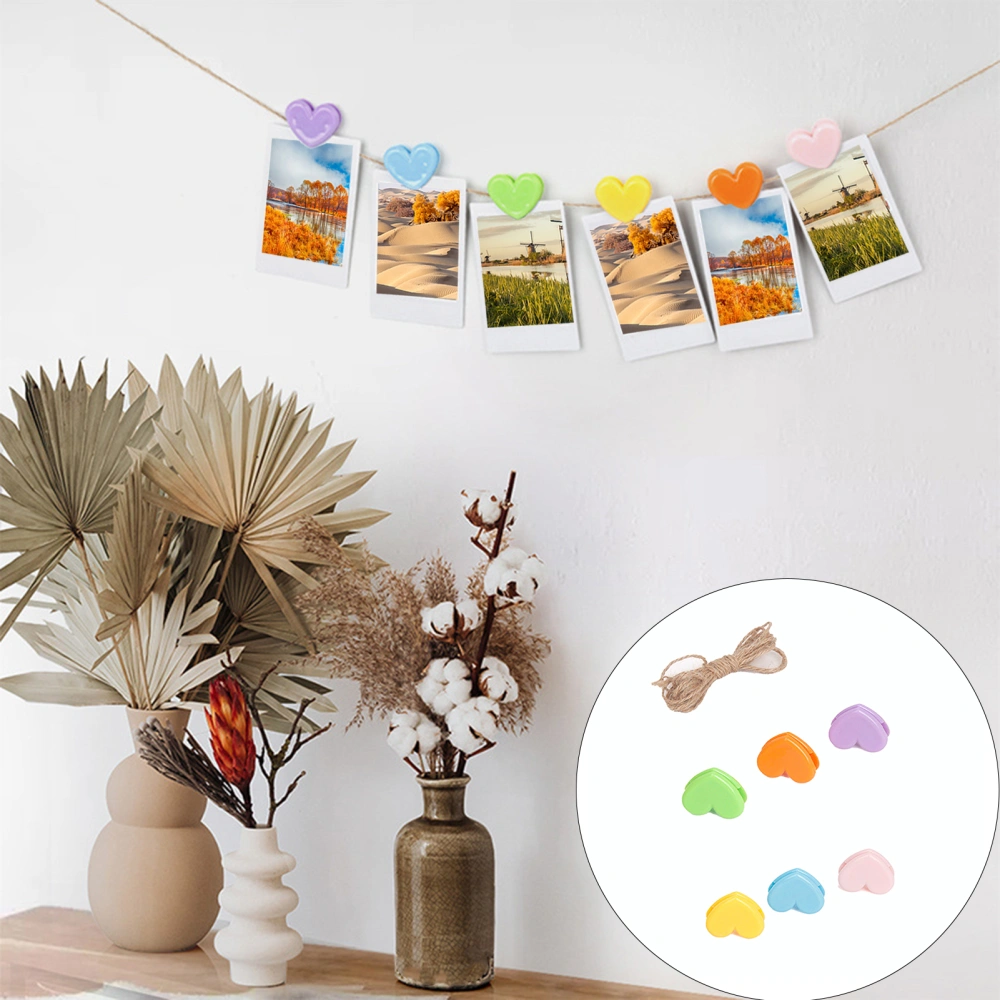 6Pcs Heart Shape Memo Note Clips Colorful Plastic Binder Clips with Hemp Rope Hanging Photos Notes All Purpose Clip