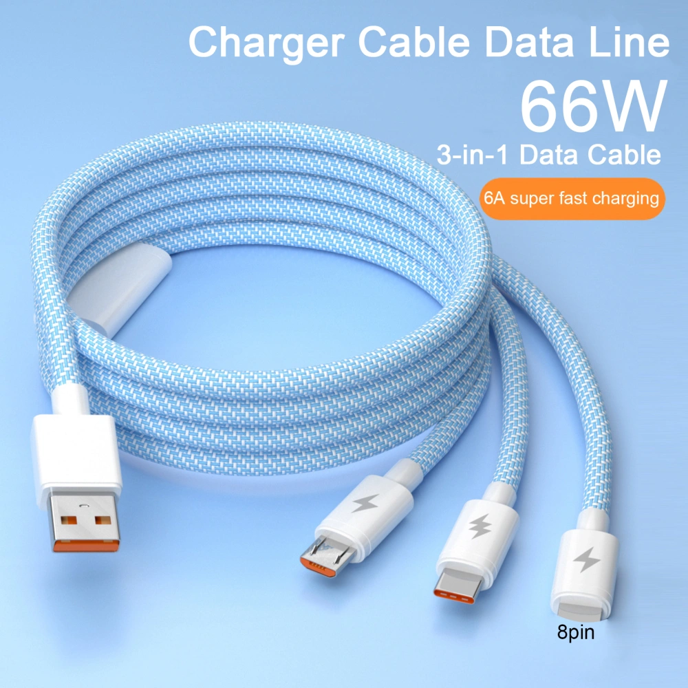 Fast Charging Cable 3-in-1 Anti-Winding with Smart Chip 66W 6A Multi-Device Support Charging Cable Phone Supplies