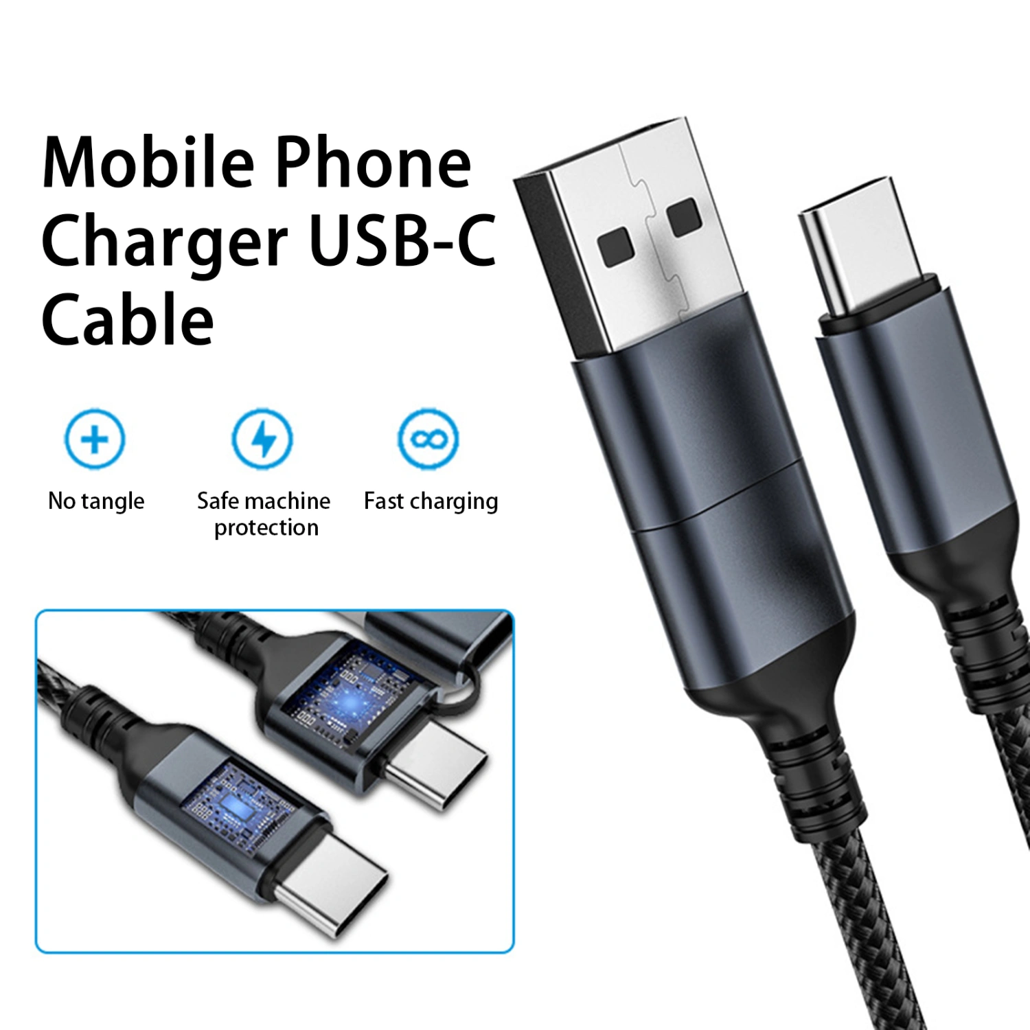 Type-C Data Cable 2-in-1 Plug Play Stable Output Portable 3A Fast Charging 1.2m Mobile Phone Charger USB-C Cable for Android