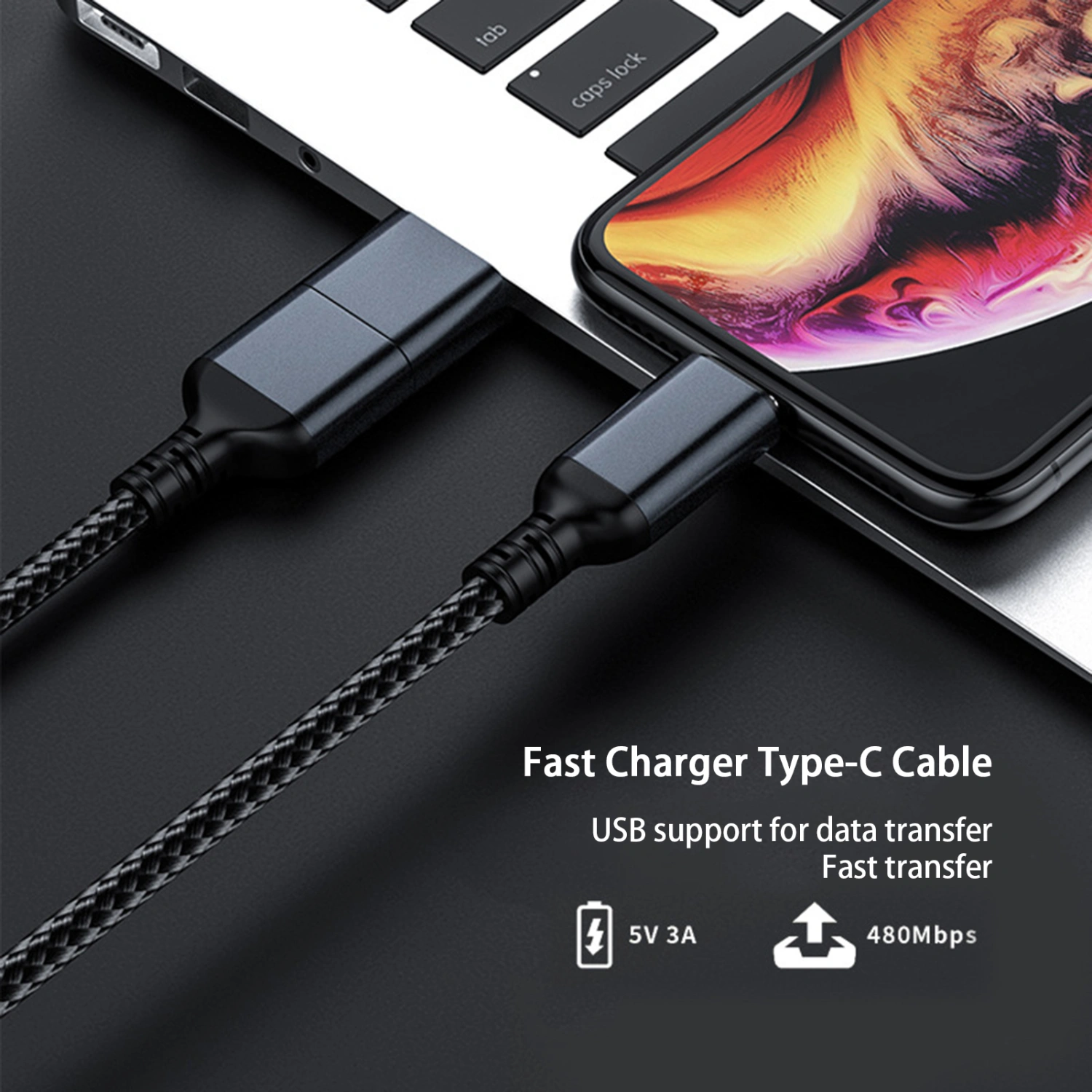 Type-C Data Cable 2-in-1 Plug Play Stable Output Portable 3A Fast Charging 1.2m Mobile Phone Charger USB-C Cable for Android