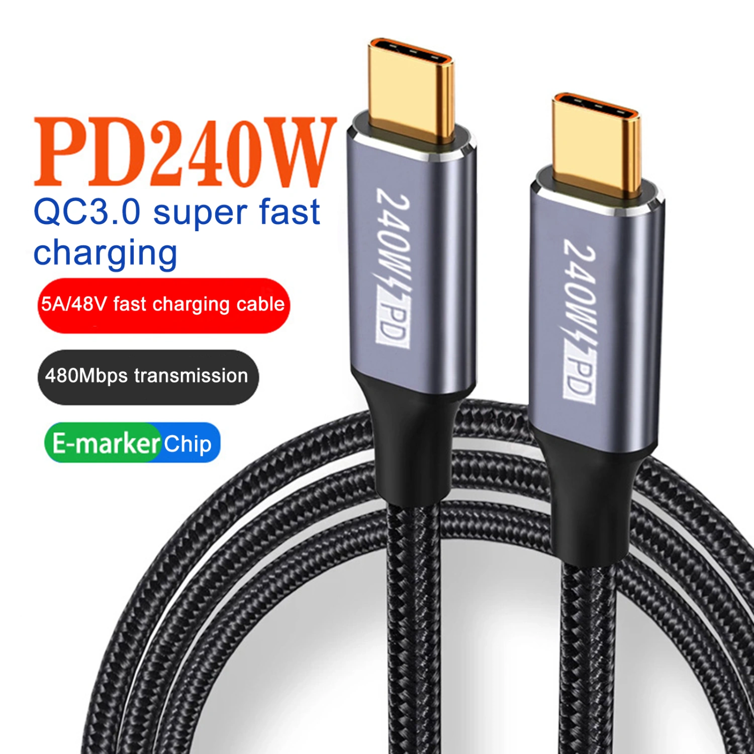 PD 240W Fast Charging Cable Type-C Interface High-Speed Data Transmission Power Supply Charging Cable
