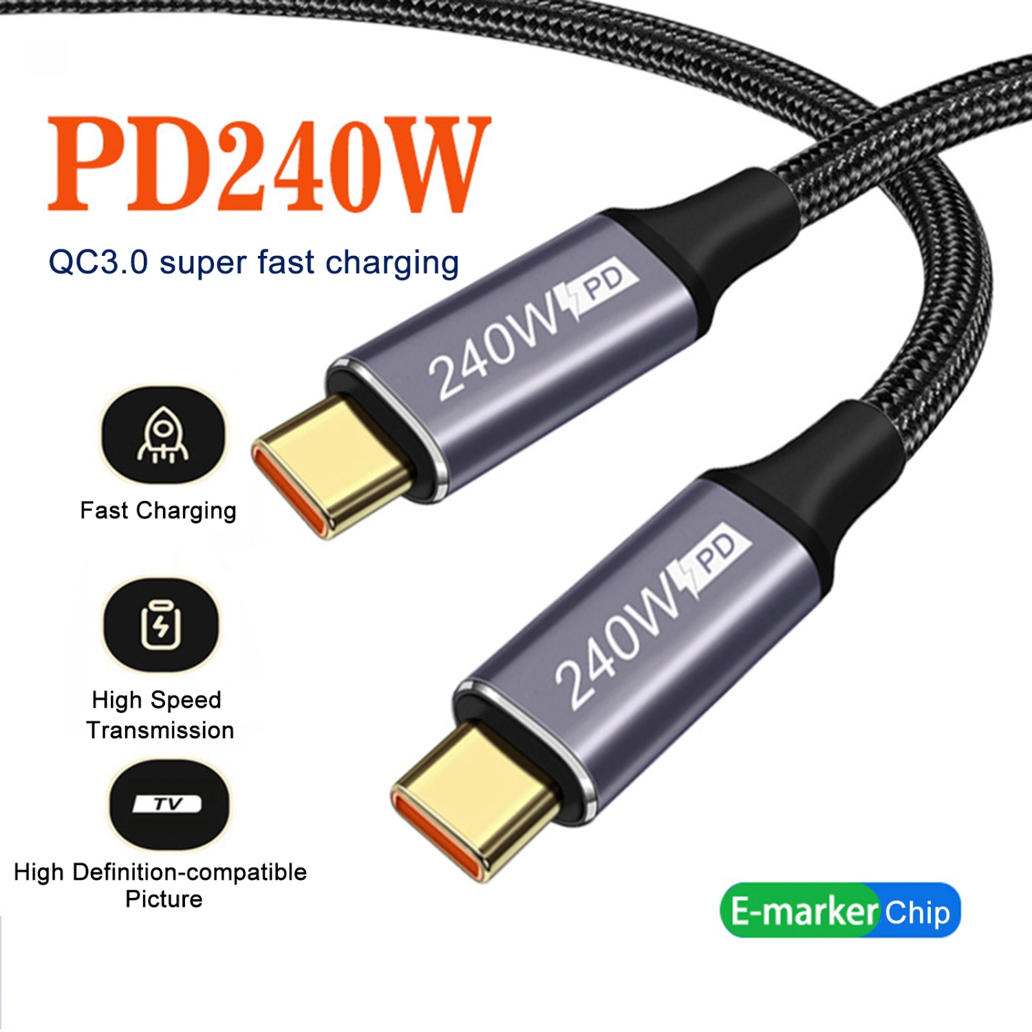 PD 240W Fast Charging Cable Type-C Interface High-Speed Data Transmission Power Supply Charging Cable