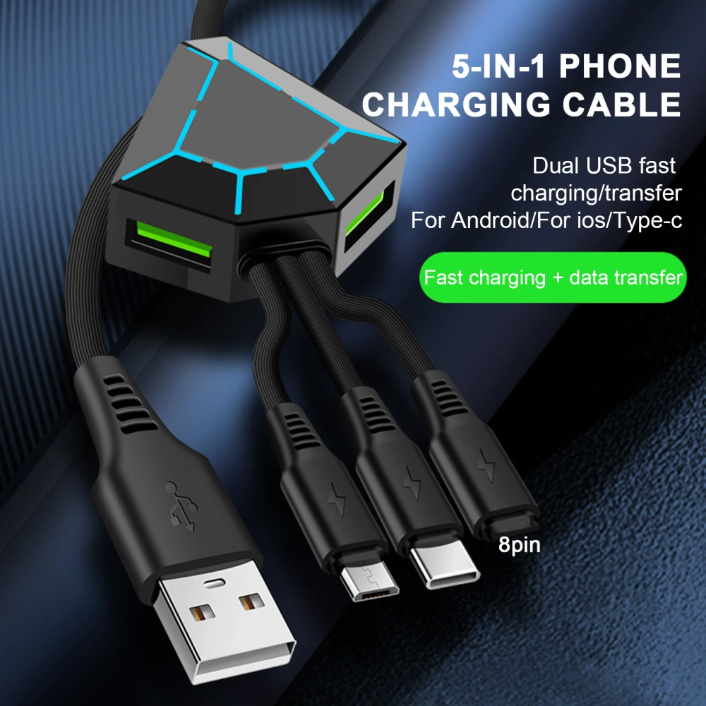 5-In-1 Charging Data Cable with 2 USB Type-C 8Pin PD 100W LED Light Fast Charge High Speed Phone Charger Splitter Cord Wire for iPhone for Samsung for Huawei