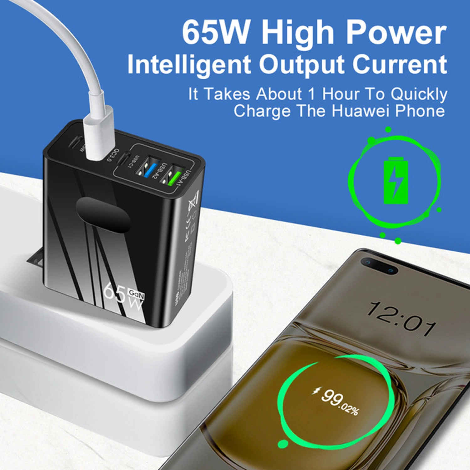 Phone Charger Stable Output Flame Retardant Safety Protection 65W Strong Compatibility USB Type-C Phone Charging Head with 5 Ports Phone Supplies
