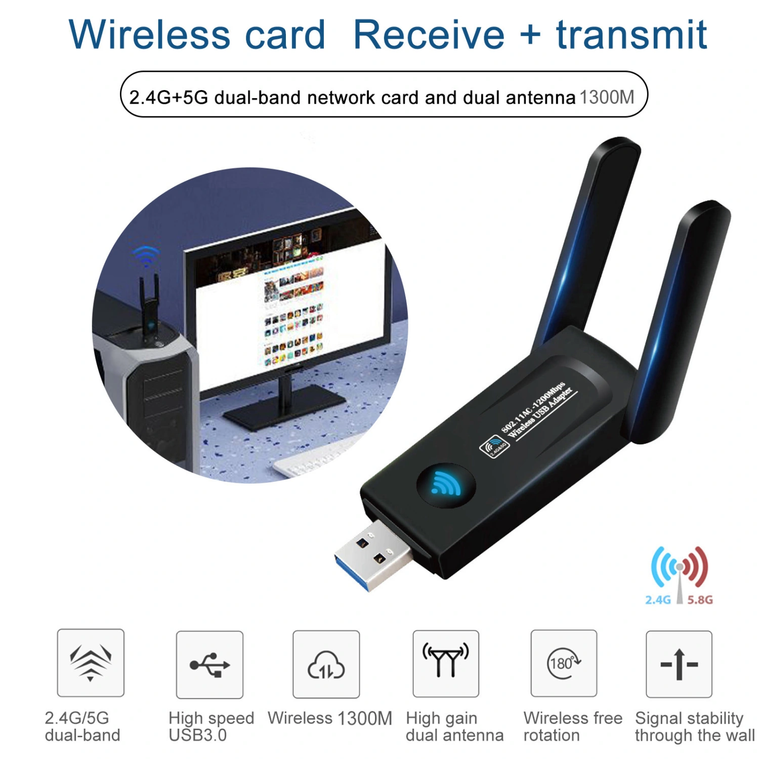 WiFi Adapter Dual Band High Speed Plug And Play USB3.0 Interface 2.4G/5G Fast Connection Mini Wireless USB WiFi Adapter Computer Accessory